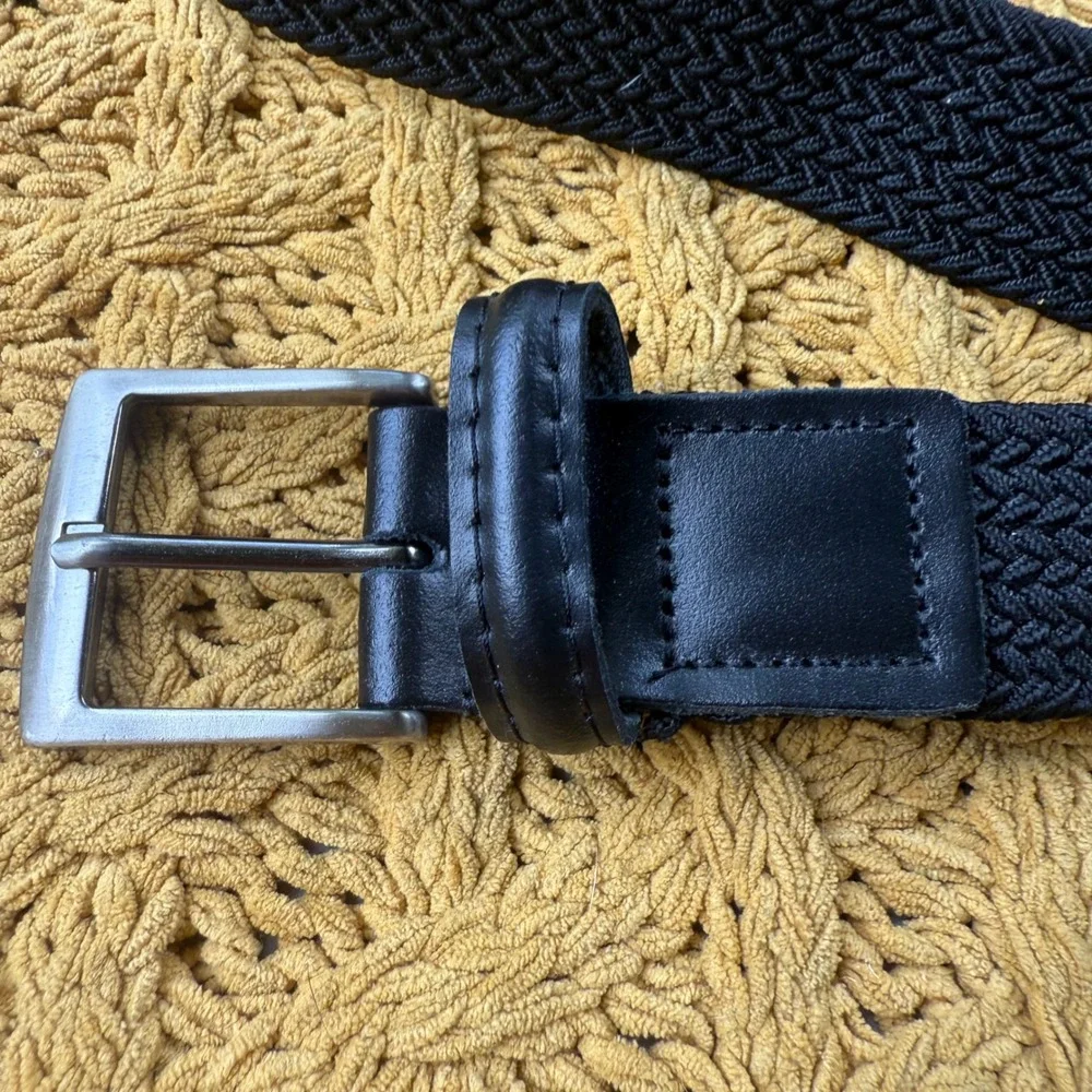 Mens Black Braided Elastic Stretch Belt Silver Buckle Size 42 Workwear Casual